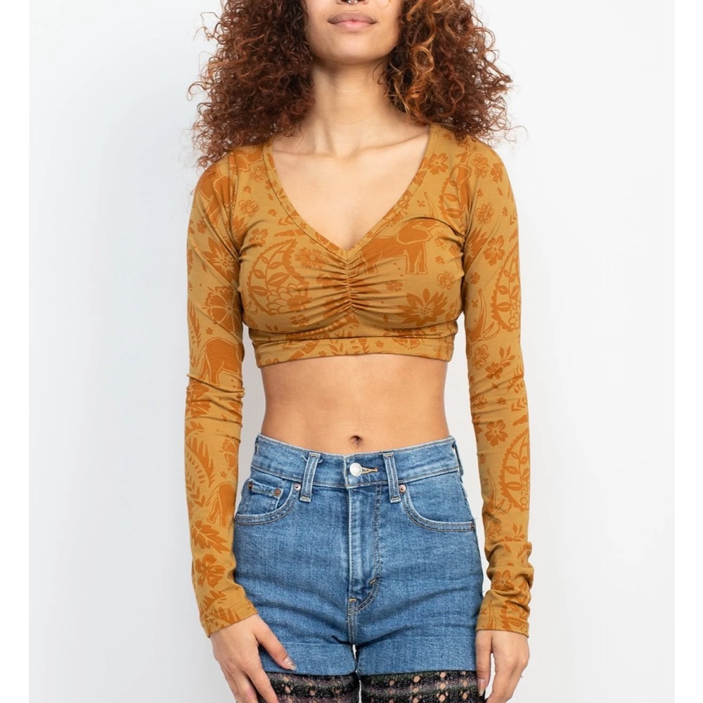 Floral Elephant Print Organic Cotton Long Sleeve Crop Top - Brown